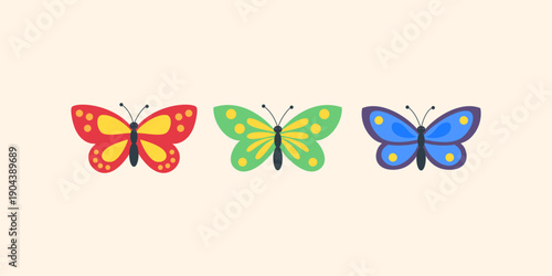 Colorful butterfly vector set. Cute cartoon butterflies collection in flat style. Spring garden insects clipart isolated on background for kids design, nursery decoration and educational projects.