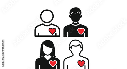 Set of four diverse stylized human profile icons all featuring a prominent red heart symbol centered on the chest representing health or charity concepts.
