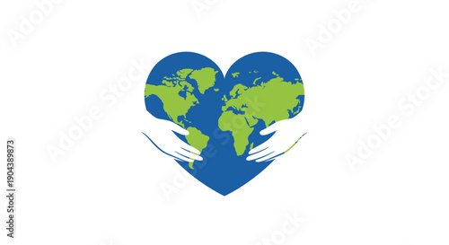 Stylized graphic featuring two gentle hands cradling a heart shaped world map symbolizing global care and environmental conservation efforts across nations.