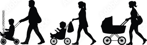 Parents,silhouette,walking,stroller,baby,family,childcare,people,mother,father,parenthood,vector,illustration,black,white,isolated,design,icon,collection,clipart