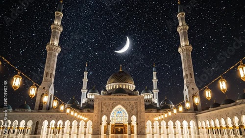 Mosque at night. Ramadhan kareem. Ramadhan mubarak. Crescent moon and stars. Islamic architecture. Mosque building. Nighttime scene. Lantern lights. Religious landmark. Cultural symbol.