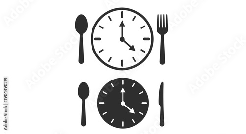 Simple black and white icons depicting meal time scheduling and intermittent fasting concepts using a clock surrounded by cutlery like a spoon fork and knife