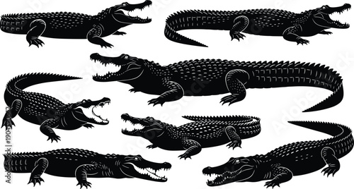 Black crocodile silhouette set showing alligator reptiles in different poses, perfect for wildlife logos, dangerous predator illustrations, and vector design elements