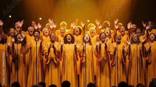 Gospel Choir Performing Live on Stage with Golden Robes and Bright Lighting.