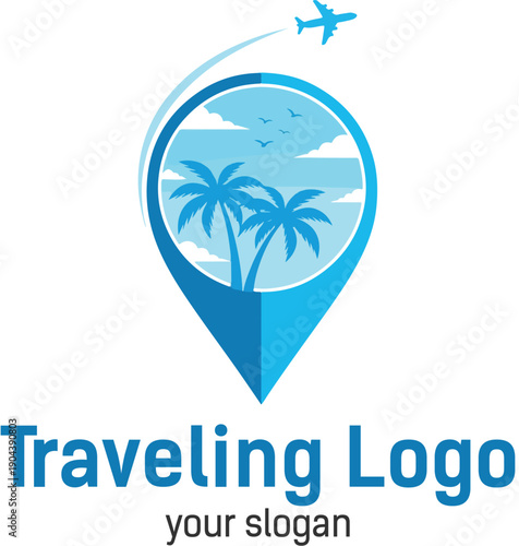 A vibrant logo featuring a tropical beach scene within a location pin with a flying airplane