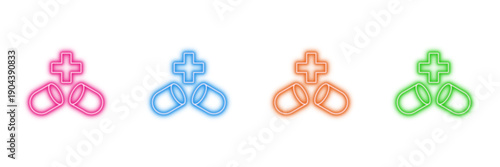 Neon glowing medical pills vector icons set, healthcare, pharmacy, medicine, wellness, drug, therapy, vibrant colorful digital design illustration on transparent background.
