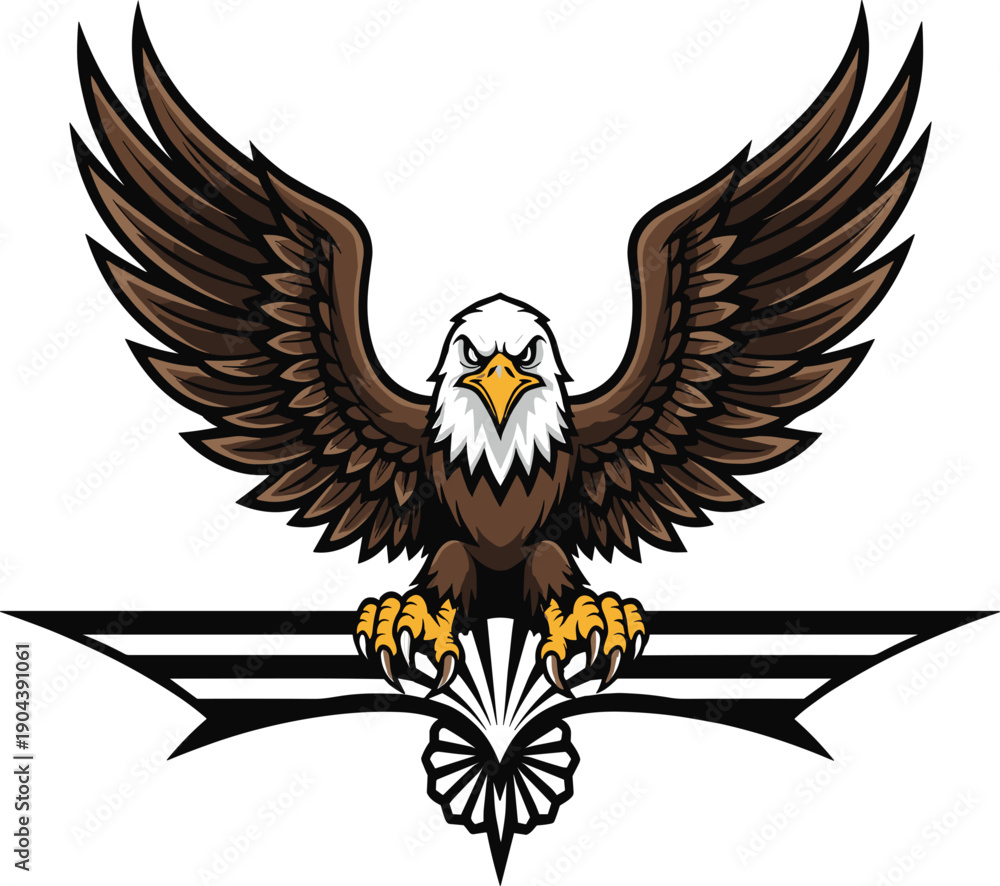 Obraz premium Powerful bald eagle mascot illustration with spread wings and sharp talons perched on a geometric crest isolated on a clean white background.