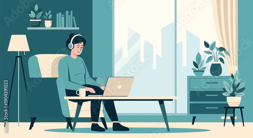 Man wearing headphones working on laptop at home.