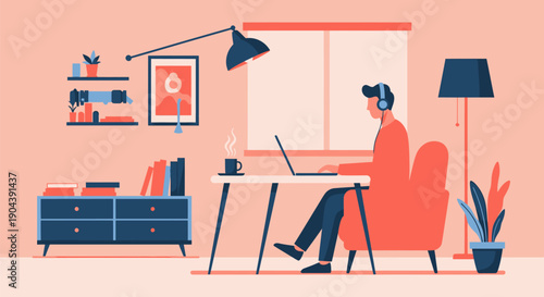 Man working from home on laptop, focused and productive in a modern setting.