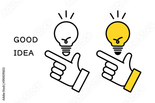 豆電球と人物の手のアイコン―グッドアイデアを思いつくイメージ