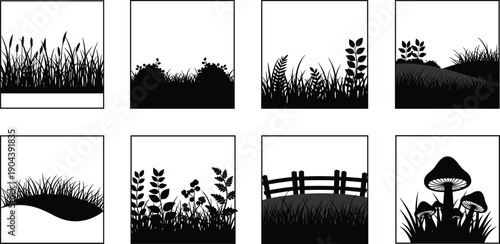 Black nature silhouette frame set with grass, plants, hills, fence, and mushrooms, ideal for landscape borders, outdoor designs, and vector illustrations