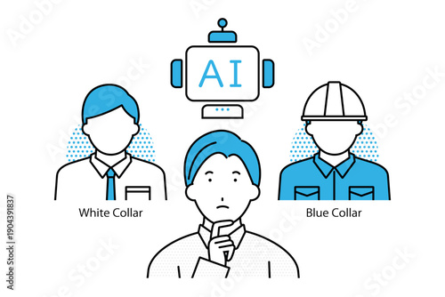 AIが進化し続ける状況下でホワイトカラーとブルーカラーのどちらの職業に就くかを迷う若い男性のイラスト