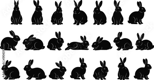 Black rabbit silhouettes collection featuring various bunny poses including sitting crouching and laying down isolated on white background for easter and wildlife nature design projects