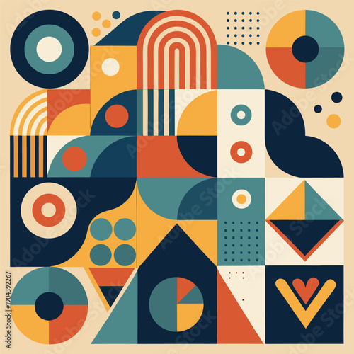 Playful Abstract Geometric Pattern with Retro Shapes – Mid-Century Modern Colorful Vector Design