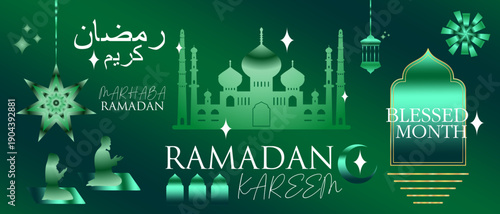 Ramadan kareem blessed month, modern green shades, and golden gradient banner with silhouette of mosque, praying Muslim man and woman, crescent moon, and motifs vector design for banners and posters.