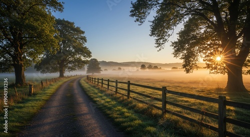 Misty Sunrise Over Rural Road with Trees and Fence.