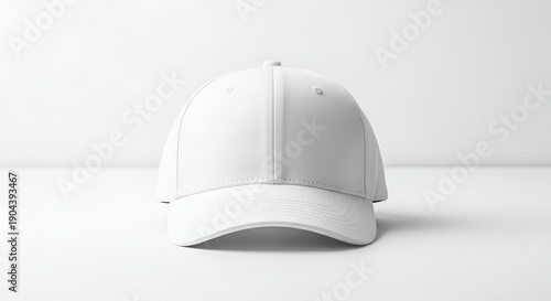 A white baseball cap centered on a plain white surface with soft lighting casting a subtle shadow