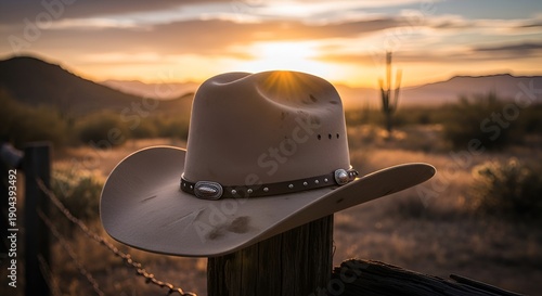 A white cowboy hat resting on a wooden fence post at sunset in a desert landscape