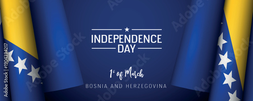 Bosnia and Herzegovina independence day vector banner, greeting card. Bosnian wavy flag in 1st of March national patriotic holiday horizontal design