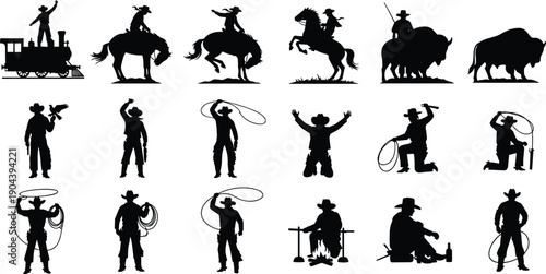 Collection of cowboy silhouette icons with rodeo riders, lasso poses, horses, train, and buffalo, western vector set for ranch logos and Wild West designs