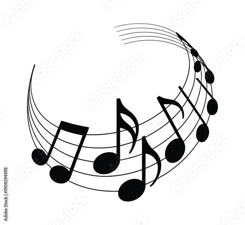 Black vector music notes on staff flowing in a curve, musical melody illustration, isolated on white