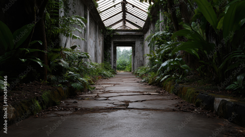 Obraz premium Abandoned Jungle Aviary Ruins with Lush Greenery and Cracked Pathway in an Overgrown Environment
