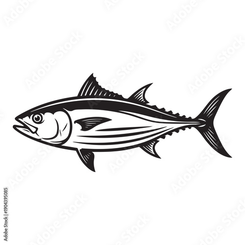 An intricate black and white illustration of a Tuna. A high-contrast monochrome artwork.
