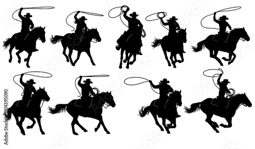 Wild west cowboy and cowgirl galloping horse black silhouette icons set isolated on white background