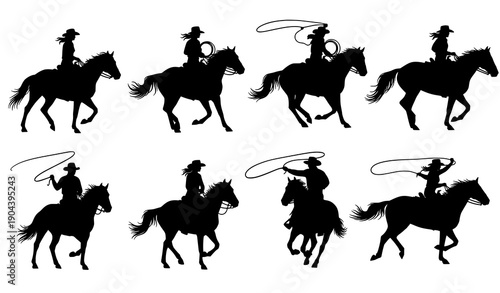 Cowboy and cowgirl riding horse black silhouettes set with western lasso action isolated on white background