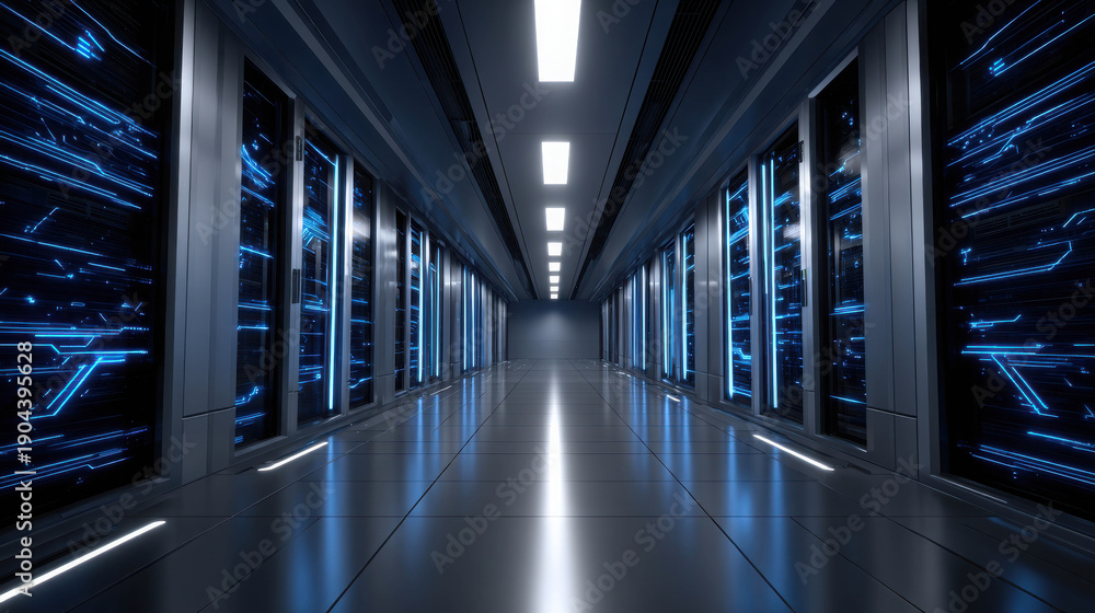 Fototapeta premium Illuminated Blue Circuit Interior in Modern Data Center with Sleek Surfaces and Advanced Technology Aisles for High-Tech Environment
