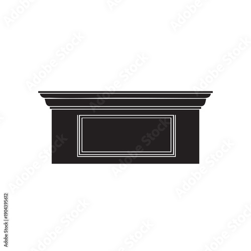 Black silhouette of rectangular plinth with decorative molding and frame, isolated on white background, architectural element, display stand vector art.