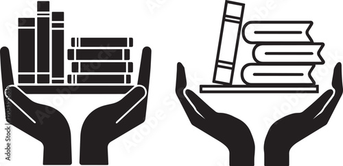 Two hands holding books vector illustrations, depicting knowledge, learning, education and support