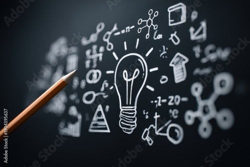 School Blackboard Routine concept. Light bulb illustration with creative sketches and a pencil pointing at it.