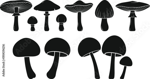 Collection of mushroom silhouette icons in different shapes and sizes, black fungi vector set for botanical logos, forest designs, nature illustrations, and clipart