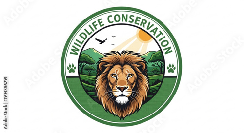 Wildlife conservation logo with lion head and green landscape background for environmental and animal protection themes
