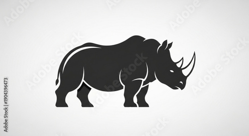 Black silhouette of a rhinoceros with sharp horns standing profile against a white background with subtle gradient shading