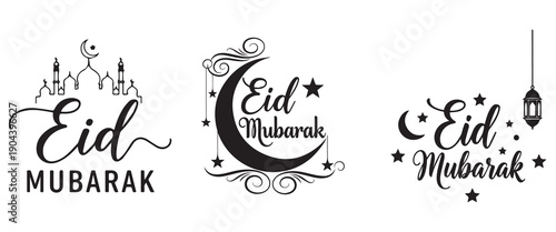 "Elegant black and white Eid Mubarak vector design with mosque, crescent moon, lanterns, and stars for festive Islamic celebration graphics"