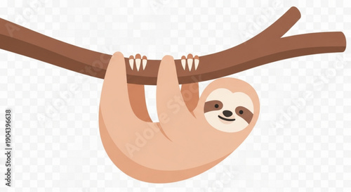 Smiling sloth hanging upside down from brown tree branch with claws on transparent background