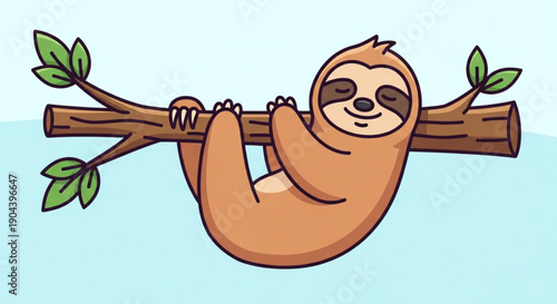 A cute cartoon sloth hanging on a tree branch with green leaves on a light blue background smiling and relaxed