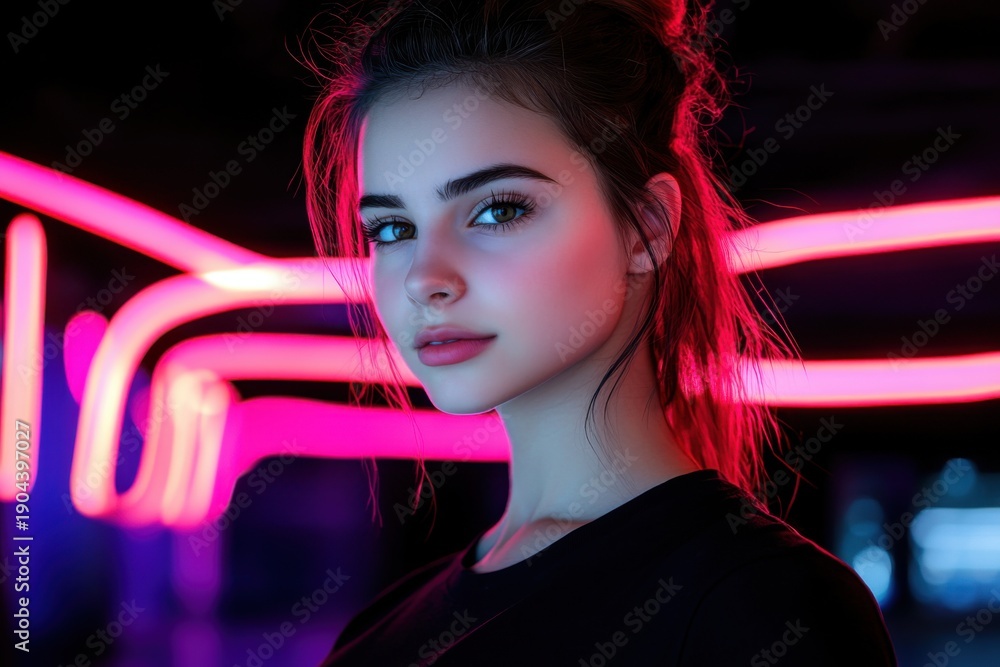 Fototapeta premium Young Woman With Neon Lights at Dusk