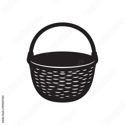 Woven basket silhouette wicker container handle design traditional picnic storage accessory rustic farmhouse style element empty hamper layout handicraft product illustration laundry carrier shape