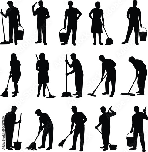 Cleaning worker silhouettes, janitorial staff housekeeping tasks, sweeping mopping dustpan bucket squeegee hygiene service, professional sanitation maintenance vector illustration concept