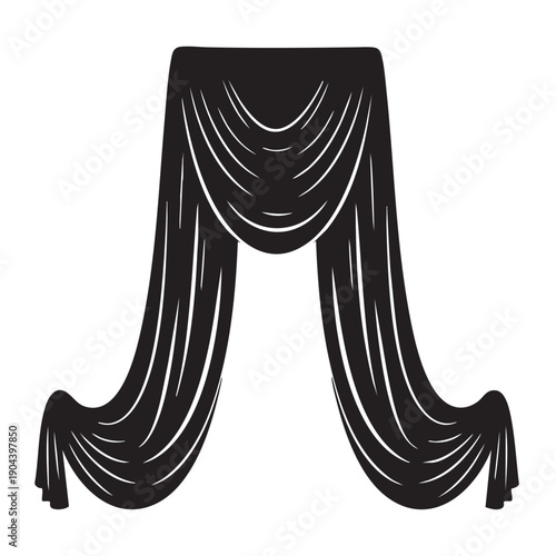 Classic theater curtains silhouette with elegant drapes and valance luxury fabric decoration for stage performance or window interior design black vector illustration for opera and concert hall
