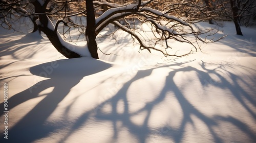 Frosted Tree Branches Creating Delicate Shadows on Bright Snow Surface snow covered trees in the park