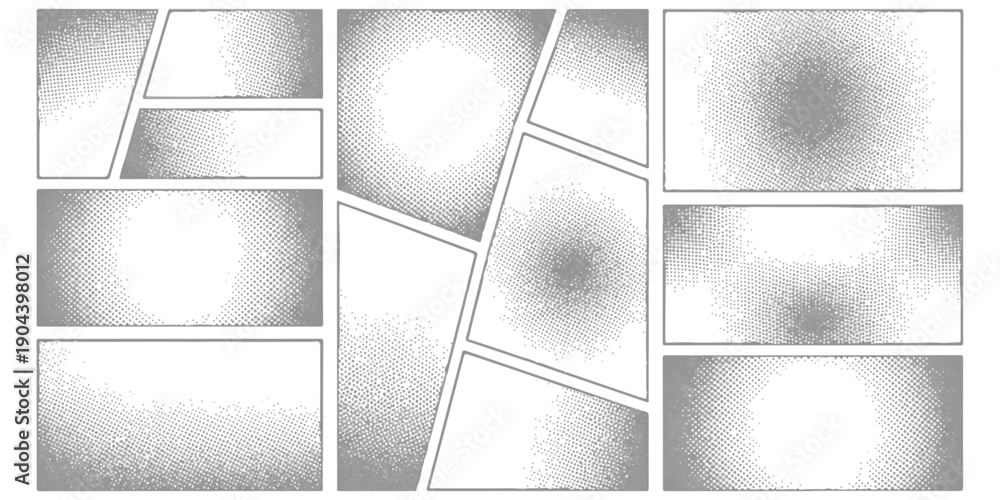 Obraz premium Abstract comic page layout template with multiple panels and halftone dot textures