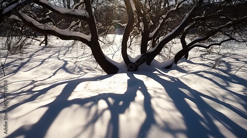 Serene Snowy Forest Scene with Soft Light and Extended Tree Shadows trees in the snow