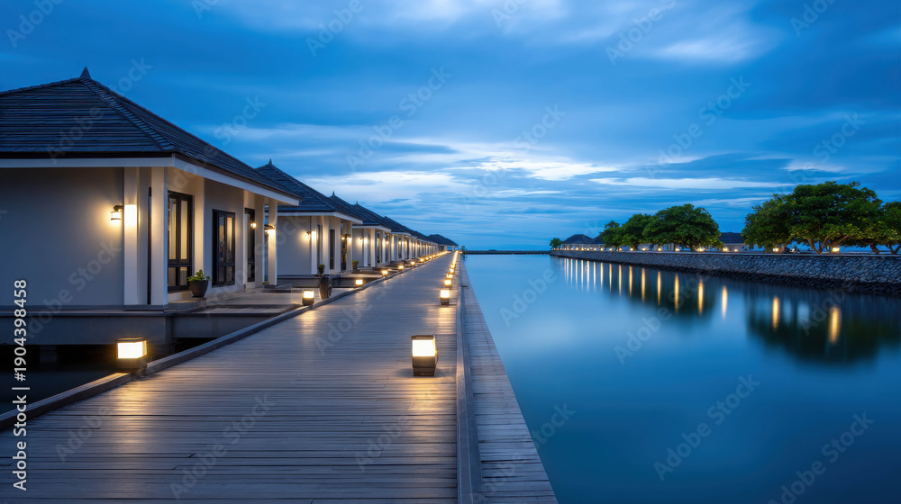 Fototapeta premium Twilight Scene at a Resort Boardwalk with Glowing Lamps Illuminating Calm Waters and Serene Surroundings