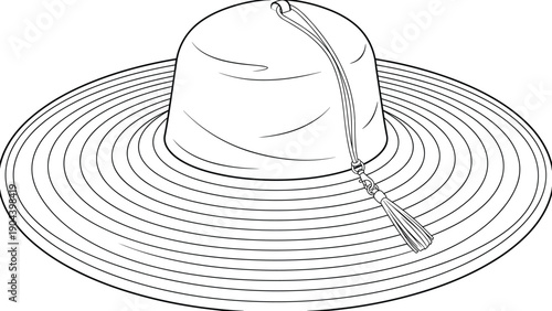 Elegant wide brim summer hat line art illustration with strap detail, perfect for beach fashion design, travel accessories, seasonal outfits, and vector coloring