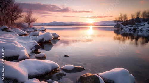 Sparkling Snow at Sunset Over a Calm Lake with Golden Light Reflections sunset on the beach