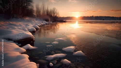 Serene Winter Lake at Sunset with Glittering Snow and Warm Golden Sky sunrise over the river